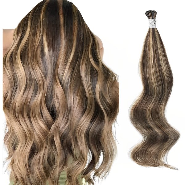 ABH AmazingBeauty Hair I Tip Hair Extensions Remy Hair 14 Inch Tip Human Hair Extensions Chocolate Brown Highlighted Caramel Blonde 50Gram/100Strands I Tip Fusion Human Hair Extensions Brown