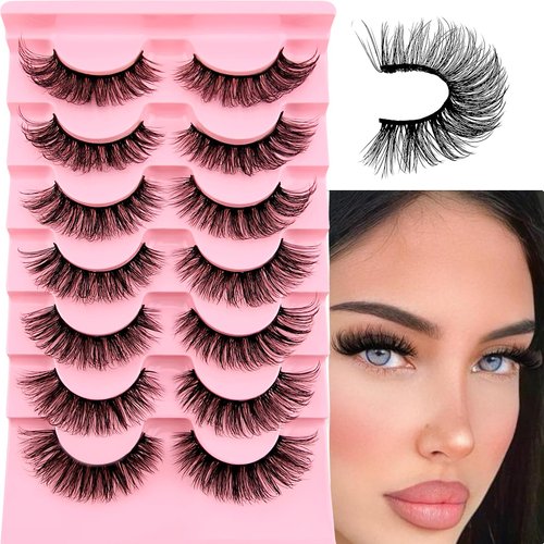 Russian Strip D Curl Lashes Flu-ffy 17mm Fake Faux Mink Lashes that Look Like Extensions Curly Volume Cat-Eye Lashes, Wispy Eyelashes 7 Pairs Pack(7P-E14)