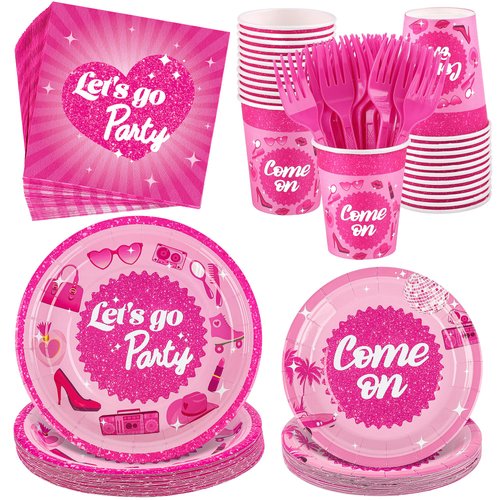 Kochorie 144 Pieces Let's Go Party Tableware Sets Including Disposable Plates Napkins Cups Forks Serves 24 for Birthday Disco Pink Girl Party Supplies