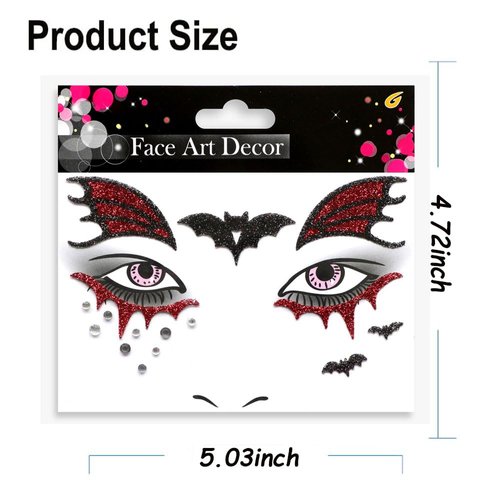 Halloween Face Tattoos Stickers Temporary Tattoos Kits Bat Spider Cobweb Glitter Gem Face Fake Tattoos Halloween Eye Body Paint Makeup Tattoos Sticker for Costume Cosplay Party Decoration Supplies