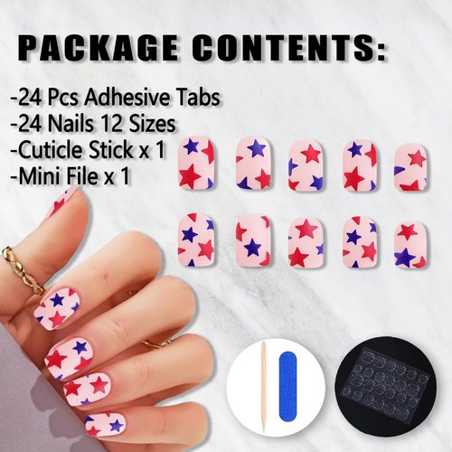 24 Pcs Independence Day Press on Nails Short Square Nails Stick on Nails Matte Fake Nails with Star Design Red Blue Star Patriotic 4th of July False Nails for Women DIY Independence Day Nails Supply