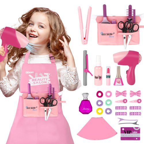 deAO Girls Beauty Salon Set, 32PCS Kids Beauty Salon Toy Kit,Pretend Play Hair Stylist Toy Kit with Hairdryer, Barber Costume Apron,Hair Styling Toy Playset Christmas Birthday for Girls