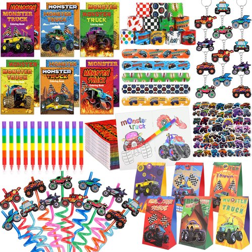 Miucat Monster Truck Party Favors Serve 12, Machine Jam Birthday Supplies include Slap Bracelet Coloring Books with Stacking Crayons Drinking Straws Keychain Stickers Gift Bags for Kids 122Pcs