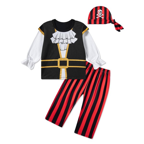 Fantasy Era 3Pcs Toddler Boys Outfits Halloween Pirate Costume Striped Trousers Kids Long Sleeved Clothes with Hat for Dress Up Parties(White,12-18Months)