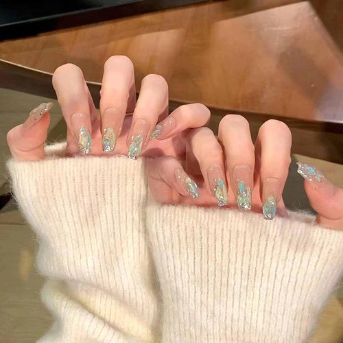 RikView Coffin Press on Nails Long Fake Nails with 3D Rhinestones Green Nails Glossy Nails for Women 24 PCS