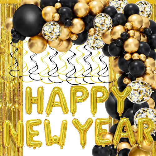 New Years Eve Party Supplies Balloons Set, Happy New Year Banner Gold Black Balloons Different Sizes Fringe Curtains Hanging Swirls for 2025 Happy New Year Backdrop Party Decorations Supplies -132 Pcs
