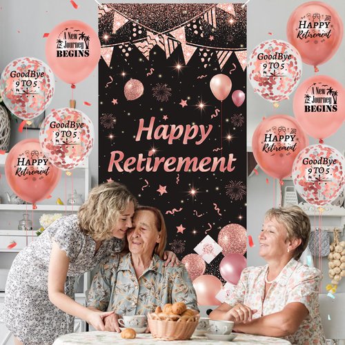 Rose Gold Retirement Party Decorations for Women Happy Retirement Sign Door Cover Banner and 18Pcs Rose Gold Retirement Balloons for Retirement Office Farewell Party Supplies
