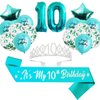 10th Birthday Decorations for Girls, Teal Glitter Birthday sash, Silver 10th Birthday Crown, Teal No.10 and Star Aluminum Foil Balloon, Happy Birthday Latex Balloons