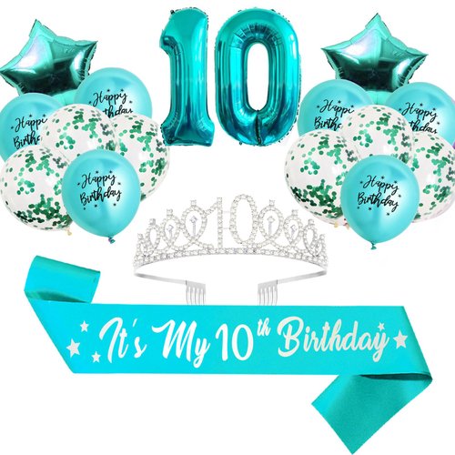 10th Birthday Decorations for Girls, Teal Glitter Birthday sash, Silver 10th Birthday Crown, Teal No.10 and Star Aluminum Foil Balloon, Happy Birthday Latex Balloons