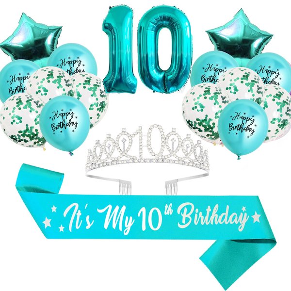10th Birthday Decorations for Girls, Teal Glitter Birthday sash, Silver 10th Birthday Crown, Teal No.10 and Star Aluminum Foil Balloon, Happy Birthday Latex Balloons