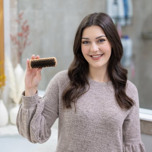 GranNaturals Boar Bristle Slick Back Hair Brush - Palm Size - Soft Medium Smoothing Hairbrush to Style, Polish, & Lay Hair Down Flat to Create a Sleek Frizz Free Hairstyle for Women and Men