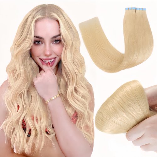 20 Inch Tape in Hair Extensions Human Hair Bleach Blonde Tape in Hair Extensions (50g 20pcs/pack) #613 InvisibleTape in Extensions Human Hair Straight Seamless Skin Weft Hair