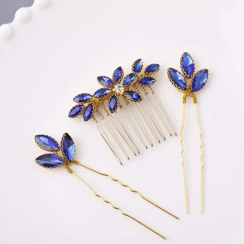Yean Baroque Bridal Hair Pins Silver Rhinestones Wedding Hair Comb Something Blue Hair Piece for Women and Girls(3 Pcs) (Gold)