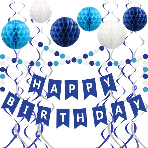 Blue Birthday Decorations - Navy Blue Happy Birthday Banner with 6 Honeycomb Balls, 6 Metallic Hanging Swirls and Circle Dot Garland Decroations for Men Boys Birthday Party Decorations