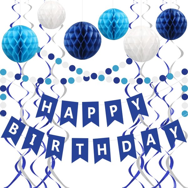 Blue Birthday Decorations - Navy Blue Happy Birthday Banner with 6 Honeycomb Balls, 6 Metallic Hanging Swirls and Circle Dot Garland Decroations for Men Boys Birthday Party Decorations