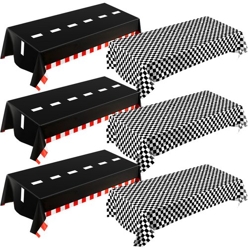 Breling 6 Packs Car Birthday Party Decorations Plastic Car Table Cloth Two Fast Disposable Race Road Checkered Party Supplies Car Theme Party Favors for Birthday, 54 x 108 Inch