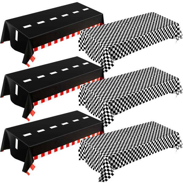 Breling 6 Packs Car Birthday Party Decorations Plastic Car Table Cloth Two Fast Disposable Race Road Checkered Party Supplies Car Theme Party Favors for Birthday, 54 x 108 Inch