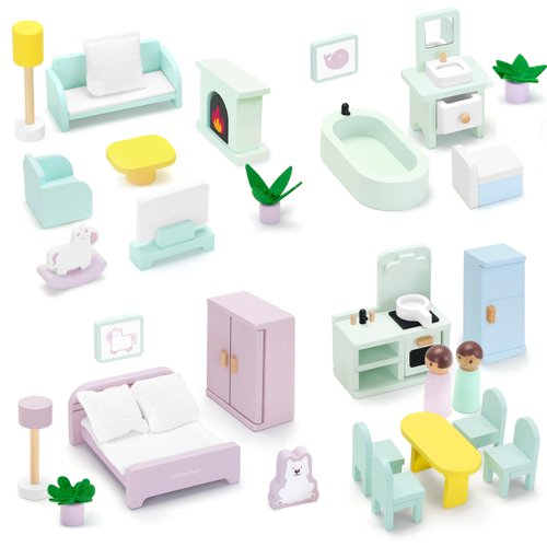 Pillowhale Wooden Dollhouse Furniture Set, 36 Pcs Doll House Accessories with 7 Rooms, Pretend Play Furniture Toys Gift with Family Dolls for Boys Girls Toddlers 3Y+