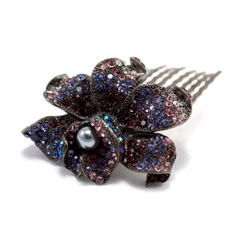 Medium Decorative Hair Comb Rhinestone Crystal Rose Simulated Pearl Bridal Hair Comb, Puple