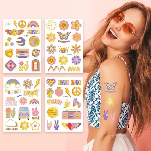 56Pcs Groovy Temporary Tattoos Stickers Hippie Theme Tattoos Butterfly Flower Love Peace Rainbow Waterproof Tattoo Sticker for Groovy Retro Vintage Birthday Birthday Party Supplies
