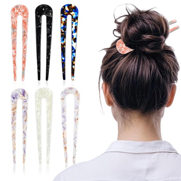 Tyqour 6 Pieces U Shaped French Pin French Hair Pins for Thick Fine Hair Fork Hair Hair U Pins for Hair Bun Hair Fork for Women Girls Hairstyles Accessories