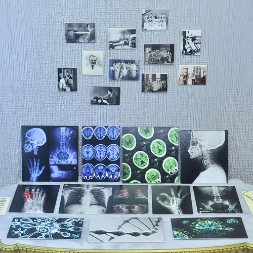 EKKZ 57 Pcs 1/6 Scale Miniature Vintage Medical Posters - Realistic Mini Things Anatomy Charts (X-Ray, Surgery, Microscope) for 11.5-Inch Fashion Dolls - Dollhouse Accessories for Decor and Play