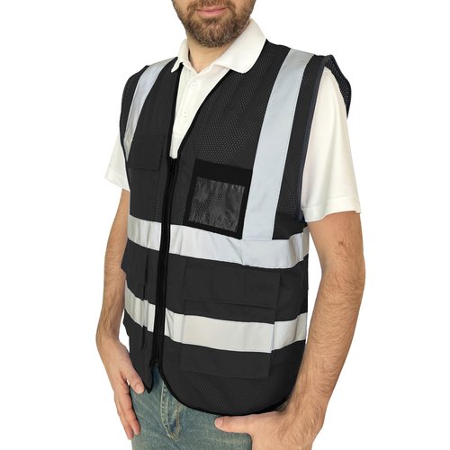 Kazsaifo Reflective Safety Vest for Men Women with 8 Pockets and Zipper High Visibility Mesh Construction Work Vest Meets ANSI/ISEA Standards (KZ170-Black, L)