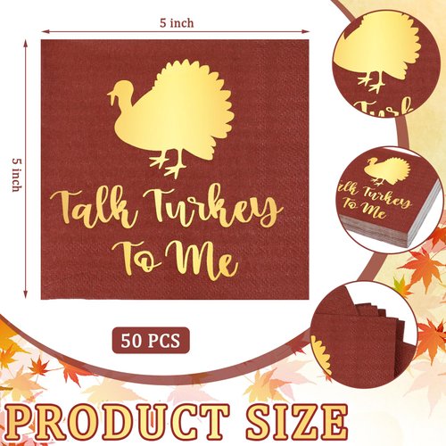 Geyoga 50 Pcs Thanksgiving Napkins 3 Ply Talk Turkey to Me Cocktail Paper Napkins Disposable Gold Foil Thanksgiving Dinner Napkins 5''x 5'' Harvest Napkins for Kitchen Bathroom Party Supplies Decor