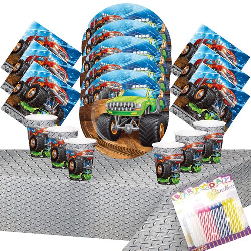 Monster Truck Party Supplies Pack Serves 16: Monster Trucks Dessert Plates Beverage Napkins Cups and Table Cover For Boys - Durable, Leak Proof - Monster Truck Decorations - Includes Birthday Candles
