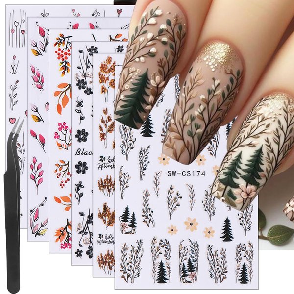 6 Sheets Autumn Nail Decals Fallen Leaves Flower Nail Art Stickers 3D Self-Adhesive Fall Maple Leaf Nail Stickers with Nail Tweezers Heart Floral Nail Decoration for Women Girls Manicure Nail Supplies