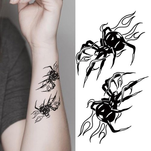 Oottati 2 Sheets Small Tiny Temporary Tattoo Stickers Black Spider Fire Totem Halloween
