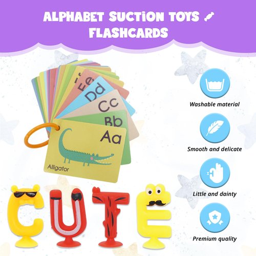 Alphabet Letters Learning Suction Toys: ABC Silicone Baby Bath Toys, Bathtub/Windows/Car/Travel Toys for Toddlers 1-3, Preschool Educational Montessori Sensory Toys for 1/2/3 Year Old