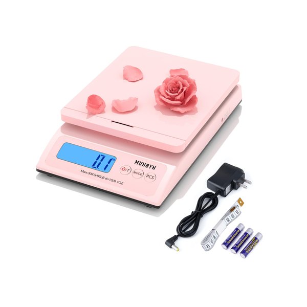MUNBYN Shipping Scale, Accurate 66lb/0.1oz Postal Scale with Sweet Pink Style, Hold/Tear/PCS Function, Auto-Off, Battery & AC Adapter, Back-Lit LCD Display, Digital Scale for Packages and Food