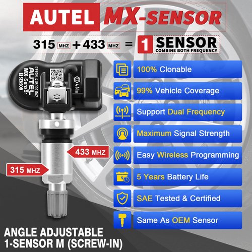 Autel TPMS Sensor Universal 1 Sensor with Dual Frequency (315MHz + 433MHz), Tire Pressure Monitoring Sensor Replacement for 99% Vehicles, Programmable by Autel TPMS Tool (Metal Valve)