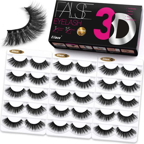 Natural Dramatic 3D Mink Eyelashes Cat Eye-Lashes Wispies, Eliace Fake Eye lashes Long Lashes Thick Mink Lashes Fluffy Cross Wispy Volume Lashes Soft Reusable Strip Lashes 15 Pairs | Sierra Style