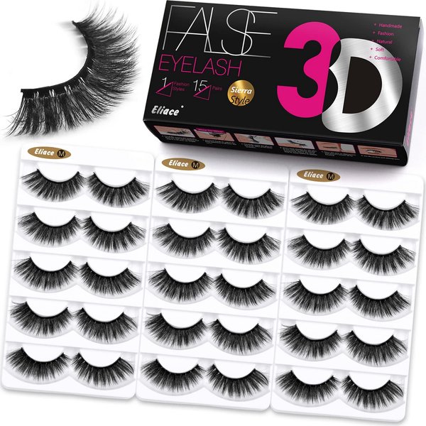 Natural Dramatic 3D Mink Eyelashes Cat Eye-Lashes Wispies, Eliace Fake Eye lashes Long Lashes Thick Mink Lashes Fluffy Cross Wispy Volume Lashes Soft Reusable Strip Lashes 15 Pairs | Sierra Style