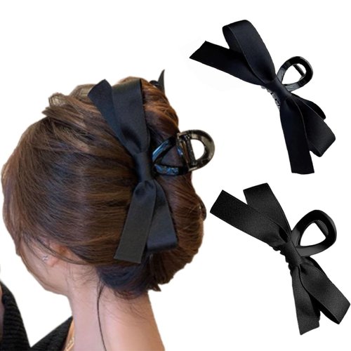 papasgix Hair Clip, Big Bow Hair Claws for Women, 2 Pack, Non-Slip Jaw Clips, Glossy Black+Frosted Black