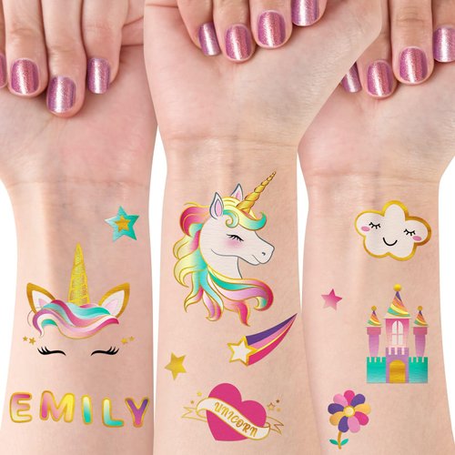 Unicorn Temporary Tattoos for Kids Girls - 12 Sheets Bronzing Styles Fake Tattoos Stickers 600+ with Rainbow Stars Alphabet Stickers Birthday Party Favors Supplies Gift for Children