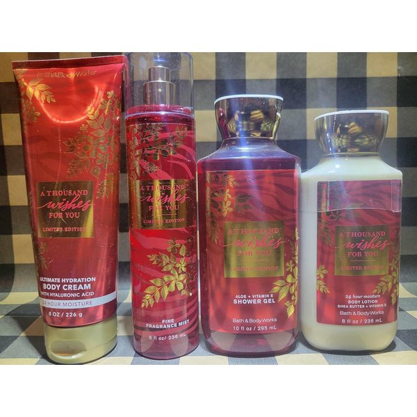 Fragrance Mist Body Cream Shower Gel Wash Body Lotion 8 oz each (4 pack, A Thousand Wishes for You Fine Fragrance Body Mist lotion cream shower gel)