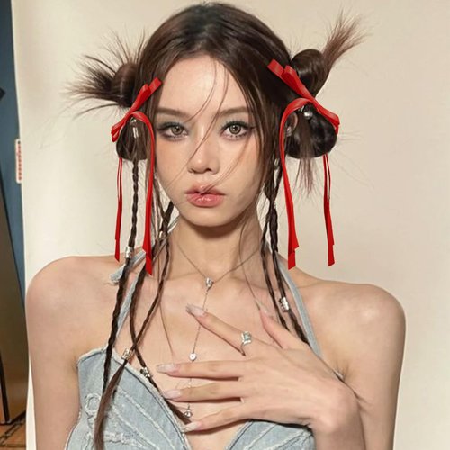 20PCS Red Hair Bows for Women, Hair Ribbons for Girls Hair, 12PCS Long Tassel Bowknot Ponytail Holder and 8PCS Short Tail Hair Clips, Solid Silky Hair Barrettes Satin Hair Accessories