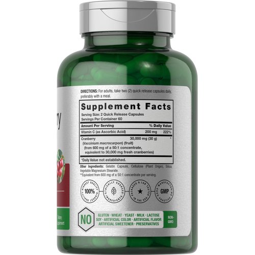 Horbäach Cranberry Pills 30,000mg | 120 Capsules | with Vitamin C | Supplement Contentrate for Women & Men | Vaccinium Macrocarpon | Non-GMO & Gluten Free