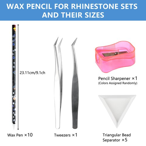 BOMOQING 10 Pencil for Rhinestones Pick up,Wax Rhinestone Picker Tool Pencil Nail Dotting Applicator White Bead Sorting Tray Triangular Plate 1 Pencil Sharpener, 1 Tweezers for Nail Art DIY