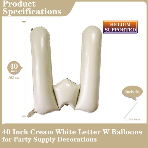 Cream White Letter W Balloons, 40 Inch Giant Letter Balloons W Foil Mylar Helium White Letter Balloons for Birthday Party Supplies Anniversary Event Celebration Decorations Alphabet White W
