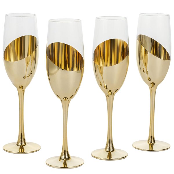 MyGift 6 oz Modern Brass Tone Metallic Plated Stemmed Champagne Flutes, Sparkling Wine Stemware, Wedding Party Toasting Glasses with Angled Design, Set of 4