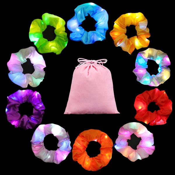 10PCS LED Hair Scrunchies with Light Modes for Girls, Premium Elastic Bands with Gift Bag - Glowing Hair Rings, Great Holiday Headwear