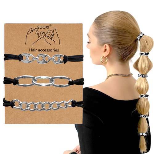 GUOXI Chain Metal Design 2 in 1 Elastic Bracelet Hair Ties Bohemian Style Women Hair Scrunchies Ponytail Holder Hair Bands For Thick and Curly (3PCS Black)