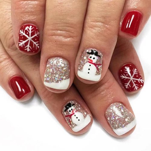 Christmas Press on Nails Short Square Fake Nails with White Snowflake Snowman Design Nails Press ons Silver Glitter False Nails Xmas Red Full Cover Glue on Nails Glossy Christmas Nails for Girls 24Pcs