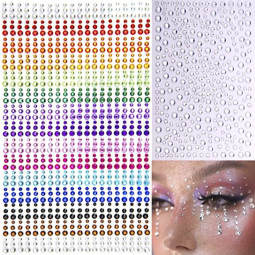 1250 Pcs Self Adhesive Rhinestones for Makeup Eyes 15 Colors Rainbow Rhinestones Face Jewels Face Gems Stick on, DIY Nail Makeup 3mm 4mm 5mm 6mm Rave Festival Accessories Costume for Women
