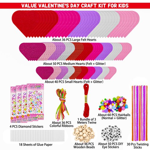 Valentines Day Crafts for Kids, 361PCS Valentines Heart DIY Crafts Felt for Class Game Activities, 108 Felt Hearts, 36 Wooden Beads, 60 Pom Poms, 50 Googly Eyes, Valentines Party Favor Crafts