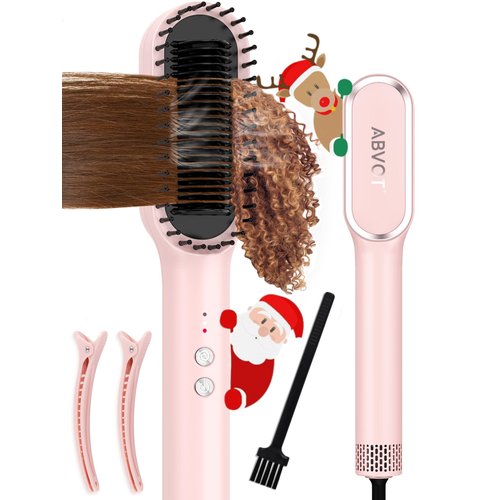 Hair Straightener Brush with Air Vents, ABVOT All in 1 Hot Air Straightening Comb for Black Women, Dual Voltage, Auto Shut Off, Anti Scald Shell, Fast Heat Up, for Thick Hair | Pink